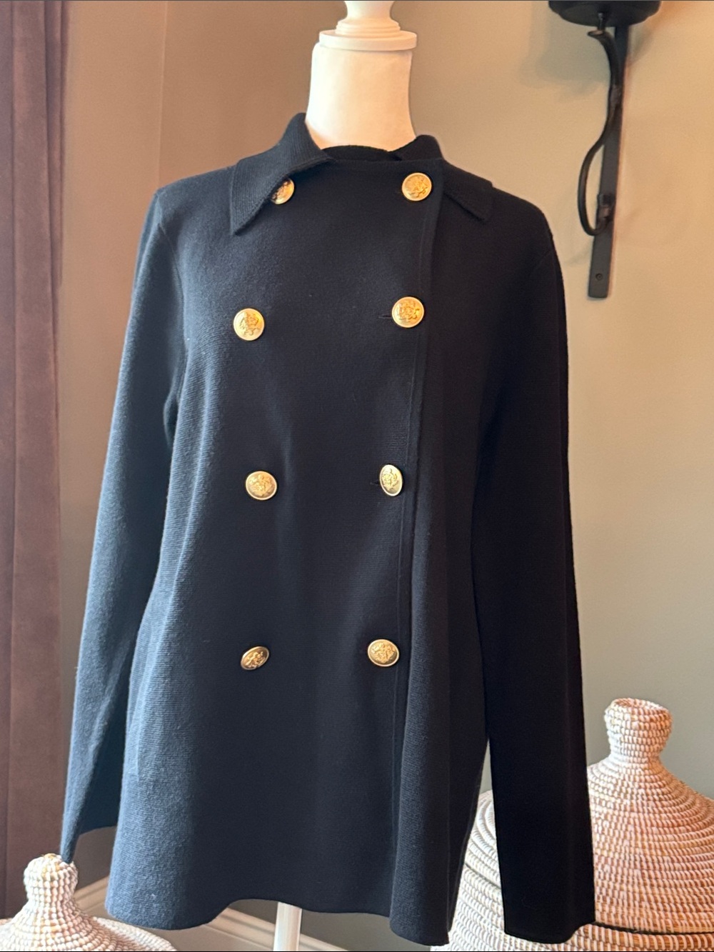 Black Double-Breasted Women’s Coat with Gold Buttons